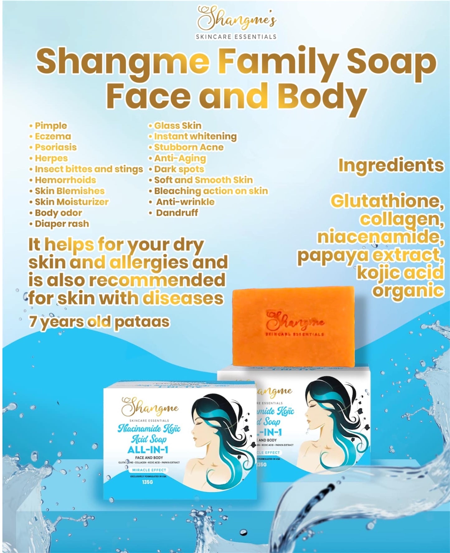 Kojic Acid Niacinamide Organic allin1 miracle soap effective for Melasma, Pimples, Darks Spots, Smooth and Soft Skin, Glass skin&whitening effect, skin diseases, allergies dandruff, feminine hygiene face and body and many more skin benefits.(135grams)