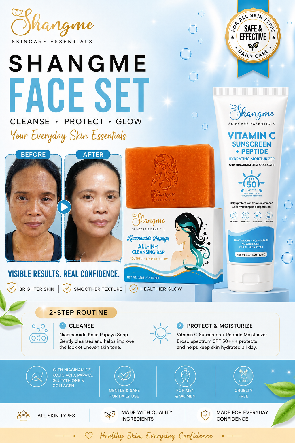 Shop Shangme Face Set with Niacinamide Kojic Papaya Soap and Vitamin C SPF 50+ Sunscreen Moisturizer for brighter-looking, hydrated, radiant skin.
