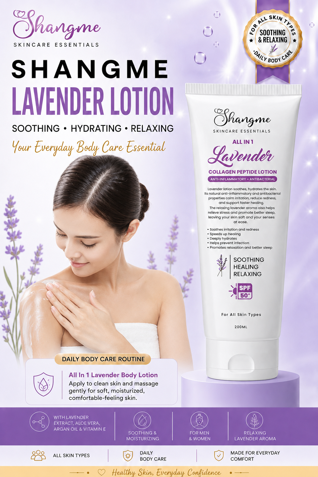 Shangme Lavender All-in-One Body Lotion | Peptide & Collagen Moisturizer for All Skin Types – 250ml