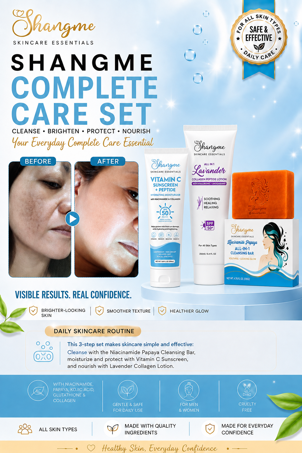 Shangme Skin Complete Care Set – Niacinamide Kojic Soap + Vitamin C Sunscreen Moisturizer + Lavender Collagen Peptide Lotion | Organic Skincare for Face & Body