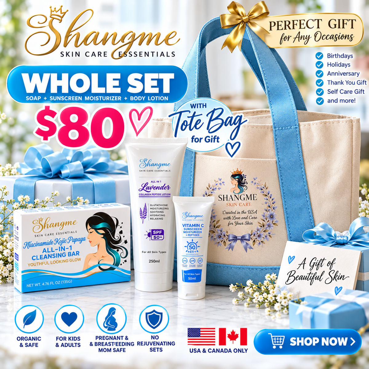 Shangme Complete Skin Care Gift Set with Signature Tote Bag – $80