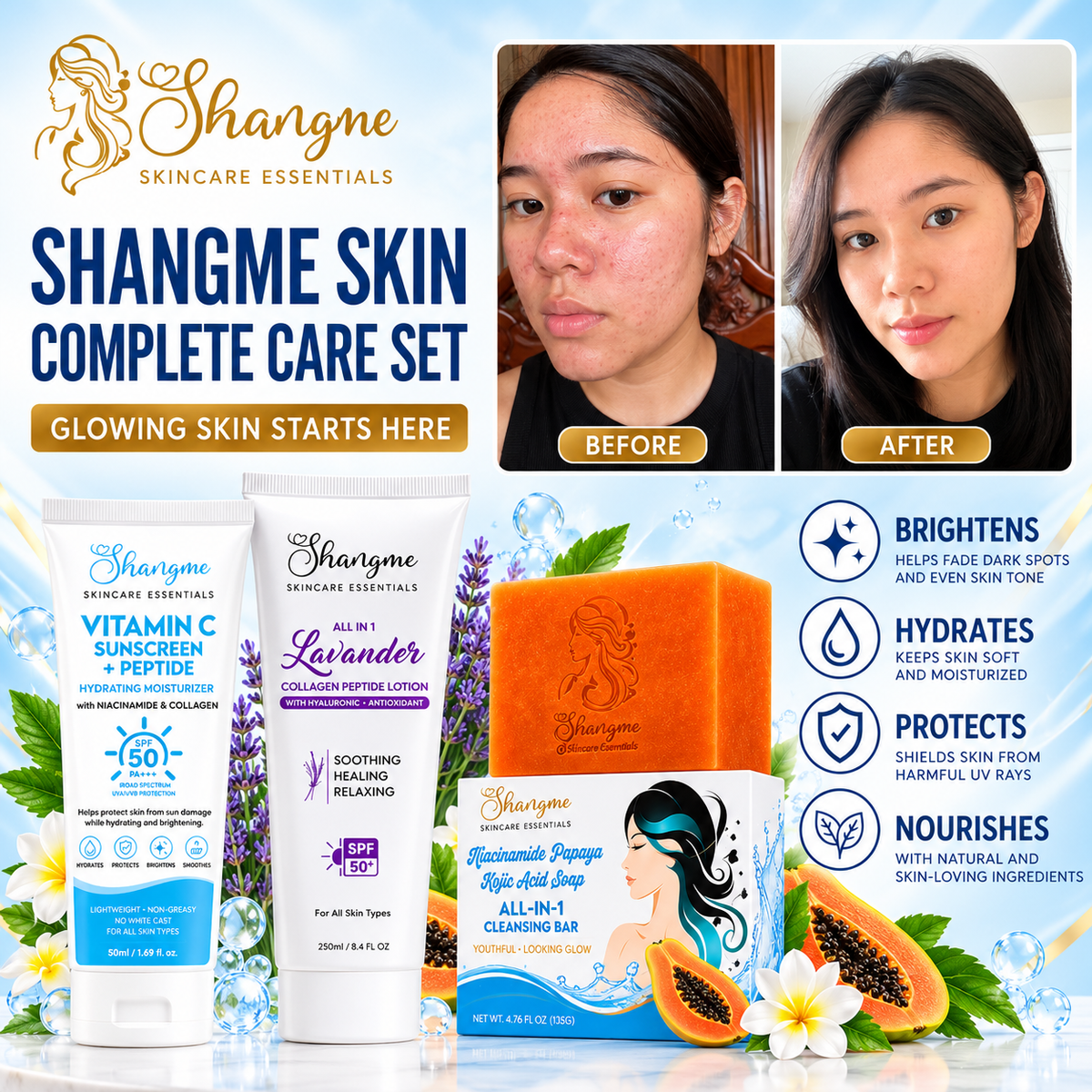 Complete Skincare Set | Kojic Soap, SPF 50+ Sunscreen & Body Lotion